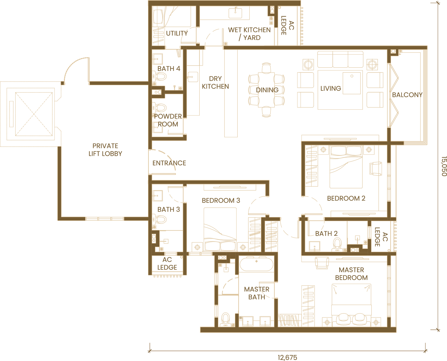 Type E · 3 Bedroom floor plan